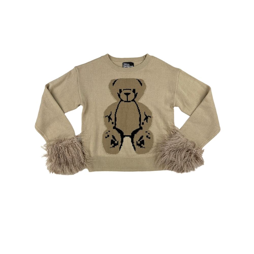 Basic Pleasure Mode - Big Ted Fluffy Trim Knit Jumper Sweater in Beige